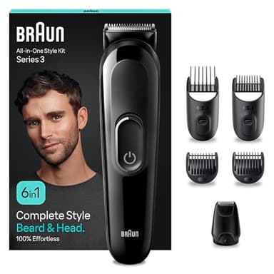 Braun Rasoio Elettrico Barba e Capelli, Regolabarba Uomo e Tagliacapelli Uomo, 6-in-1 Styling Kit Adatto per Barba, Capelli, 50 Minuti di Utilizzo Senza Fili, Idea Regalo, Mgk3420, Nero