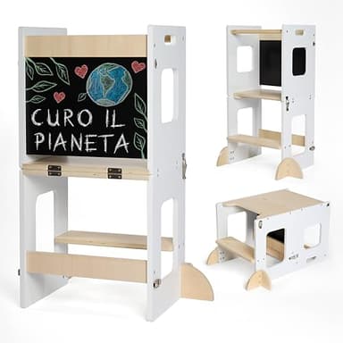 KYWAI® Torre Montessoriana Bambini – Torretta Montessoriana 3 in 1 Premium con Lavagna e Gambe di Sicurezza – Scrivania Pieghevole – Legno Sostenibile – Design Educativo Robusto e Funzionale