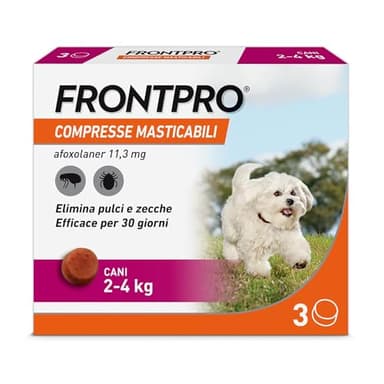 FRONTPRO 3 Compresse Masticabili Antiparassitario per Cani di Peso 2-4 kg Protegge da Pulci Zecca Uova e Larve Antipulci in Confezione da 3 Compresse da 11.3 mg di Afoxolaner, 2kg-4kg