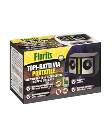 Flortis Topi Ratti Via. Disabituante ultrasuoni elettrico portatile. Deterrente topi, ratti e ghiri. Ultrasuoni per topi a batteria. Dissuasore per uso interno, casa, barca, seconda casa, camper.
