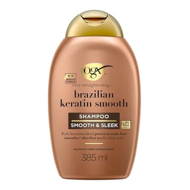 OGX Shampoo Cheratina Ever Straightening + Brazilian Keratin Smooth, Shampo idratante con Cheratina per capelli lisciante e Olio di Cocco e Avocado, Shampoo capelli ricci, mossi e crespi, 385 ml