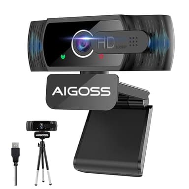 aigolink 1080p Webcam PC con Microfono, Web Camera USB con Privacy Shutter e treppiede, Auto-Focus, Correzione Luce, Videocamera Full HD Plug Play per Laptop Desktop Mac Windows Skype Zoom Team