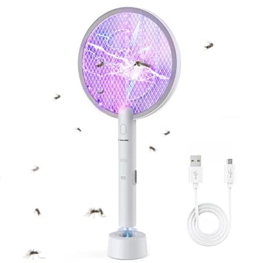 PALONE Racchetta Zanzare Elettrica 4000V - Insettivoltore Ricaricabile USB con 6 Luce LED, Doppia Funzione per Interni/Esterni, Tripla Sicurezza per Casa/Giardino - Bianco