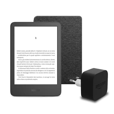 Il nuovo Kindle (versione 2024) da 16 GB con pubblicità, una copertura in tessuto Amazon e un alimentatore Amazon Powerfast da 9 W.
