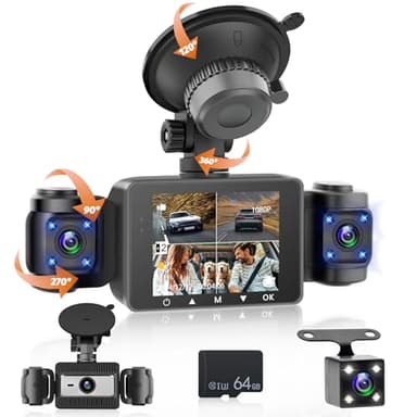 Fuluku 360 Gradi 4 Canali Dash Cam Tutto Intorno 1080P Dashcam Auto, 64GB/G-Sensor/Telecamera posteriore/Modalità di parcheggio 24H/Visione notturna/Registrazione in loop