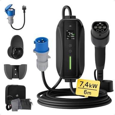 dé Cavo Ricarica Auto Elettrica Tipo 2 CEE 7,4kW [Monofase| 6m| 6-32A] Caricatore Auto Elettrica Tipo 2 con Adattatore Schuko, con LCD Controllo Digitale Compatibile con Model Y/3 e Altri EV/PHEV