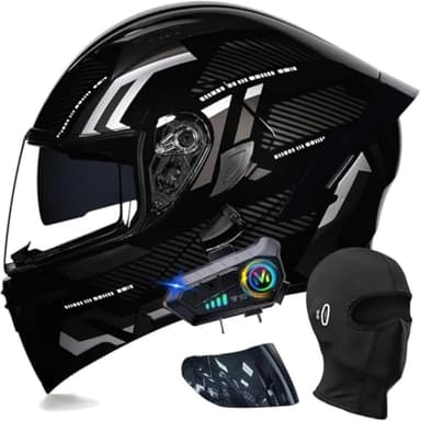 Bluetooth Casco Modulare Moto, Omologato ECE Integrale Casco con Doppia Visiera Parasole, Speaker Integrato Microfono(C5,L(59~60CM))