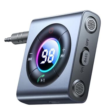 JOYROOM 2025 Aux Bluetooth Auto, Ricevitore Bluetooth 5.4 con Bass Stereo Chiamate in Vivavoce, Bluetooth Auto con Jack Aux da 3,5mm Autonomia di 26 Ore, Bluetooth Aux per Auto, Cuffie Cablate
