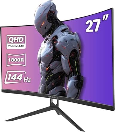 CRUA Monitor da gioco, 27" 144hz/165HZ Monitor curvo per computer, 1440P 1800R senza cornice, 1ms GTG con FreeSync, bassa sfocatura da movimento, Eye Care, VESA, Display Port, HDMI, Nero