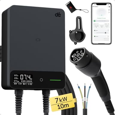 dé Wallbox 7,4kW Tipo 2 [10m, 6-32A, Monofase] Colonnina Ricarica Auto Elettrica con App e RFID e Supporto, EV Stazione di Ricaric con RCD Tipo B e Protezione IP54, per BEV/PHEV, Nero
