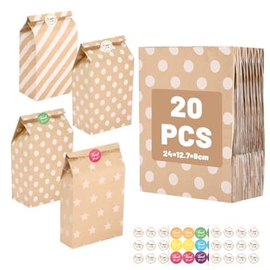 Ledebouk 20 Pezzi Sacchetti Regalo di Carta, Sacchetto Caramelle a Pois Colorati con 36 adesivi, bustine borsa regalo per Dolci e Confezioni, per Compleanni, Matrimoni, Feste, Halloween