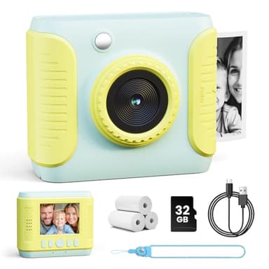 CalineGam Macchina Fotografica Bambini Istantanea, HD 1080P Fotocamera Istantanea per Bambini con Scheda 32G e Carta Fotografica, Regalo per Ragazze Ragazzi da 3-12 Anni (Verde)
