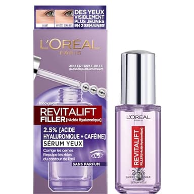 L'Oréal Paris Siero per contorno occhi - Anti-rughe, anti-tasche e correttore - Acido ialuronico puro e caffeina - Punta triple-Bille innovativa - Revitalift Filler - 20 ml