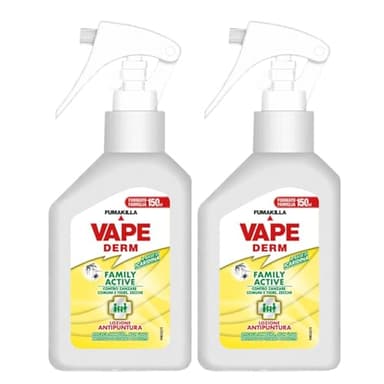 Vape Derm Family Active Lozione Antipuntura Contro Zanzare e Zecche a Base di Icaridina Spray 150 ml Uso Per Adulti e Bambini Efficace e Delicato (2 Unità)