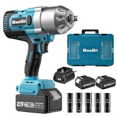 Seesii Avvitatore a Impulsi 1300Nm Brushless, Professional 1/2’’ Elevata Avvitatori a Massa Battente con Batteria 8000mAh, 5 Bussola(17/19/21/22/24mm), Avvitatore Batteria per Auto Casa mini motosega