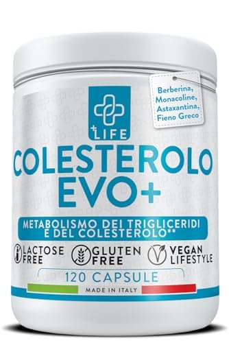 Colesterolo EVO 120 Capsule PiùLife Con Berberina, Monacolina K Da Riso Rosso Fermentato, Fieno Greco, Astaxantina, Policosanoli, Coenzima Q10, B1, Integratore Cuore Per Benessere Cardiovascolare