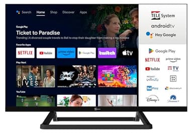 TELE System Smart TV 24 Pollici TS24FL SMG14 Android TV, DVB-T2,Certificato CAM tivùsat HD, 12V DC/220V AC, Telecomando con Controllo Vocale Google Assistant