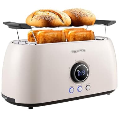 Steinborg Tostapane 4 fette con inserto per panino, tostapane automatico, spegnimento automatico, tostapane doppio, tostapane familiare, display LED con indicatore del tempo residuo (Bulgur Beige)