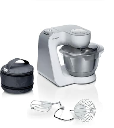 Bosch Serie 4 Planetaria Impastatrice MUM58200, 1000 W, Capiente Ciotola in Acciaio Inox da 3,9 L, 7 Livelli di Velocità, Fruste e Gancio Inclusi, Accessori Lavabili in Lavastoviglie, Bianco, Argento