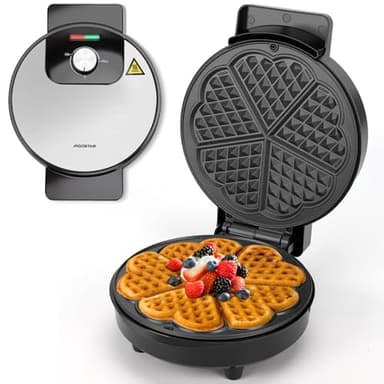 Aigostar Macchina per Waffle a 5 Cuori, 1000W, Piastre Antiaderenti da 19 cm, Cottura Regolabile, Indicatore LED, Maniglie Antiscottatura, Design Compatto in Acciaio Inossidabile, BPA FREE, Crunchy