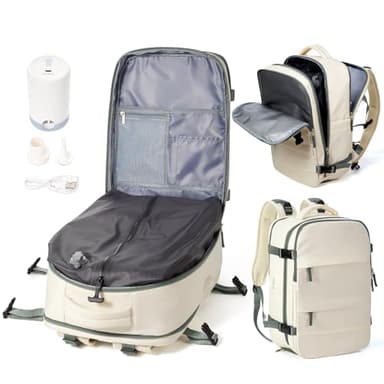 WEPOET Zaino da Viaggio 40x30x20 con Sottovuoto Vacuum Backpack Aereo Bagaglio a Mano Ryanair Zaino Easyjet 45x36x20 Con Pompa Donna Uomo Zaini Casual Porta PC 14 Pollici(Beige)