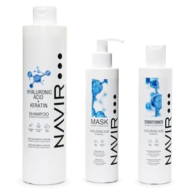 NAVIR Professionale | Kit professionale capelli con acido ialuronico – Shampoo 500ml + maschera 200ml + balsamo 200ml – Idratazione intensa post trattamento lisciante – Senza solfati – 3 prodotti