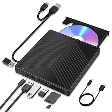 7 in 1 Lettore CD DVD Esterno per PC Portatile, Masterizzatore CD DVD Esterno, USB 3.0 e Type-C con slot SD/TF, 4 porte USB e USB-C, unità DVD sottile per Linux, Mac OS, Windows 11/10/8/7