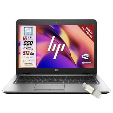 HP Elitebook, Pc Portatile Notebook, intel i7-6600u 2 Core 2.6 Ghz, Ram 16Gb SSD 512GB, display 14" HD, Pronto all'uso con Pacchetto Libre Office e Chiavetta USB FIngerPrint (Ricondizionato)