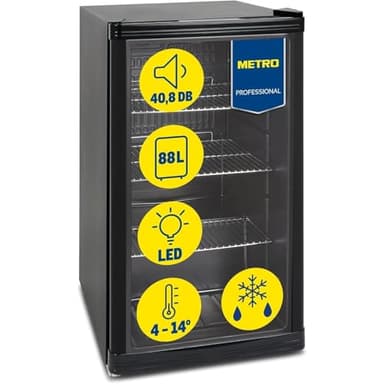 METRO Professional Mini Frigo per Bevande GPC1088 Con Porta in Vetro, 220-240V, 3 Ripiani Regolabili, Frigo Bar Silenzioso con Illuminazione LED, Frigo Da Ufficio, Bar, Gastronomia (Nero, 88 L)