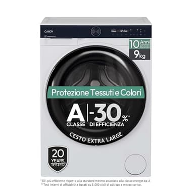Candy ProWash 700 Lavatrice 9 Kg, Libera Installazione, Carica Frontale, Classe A-30%, 1400 Giri, 16 Programmi, Connessa, Funzione Partenza ritardata, AxLxP 85x60x58 cm, Bianca - BS 49B9-S [Classe A]