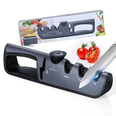Alyvisun Affilacoltelli Professionale, Manuale 4 in 1 Affilacoltelli, Manico Ergonomico e Base Antiscivolo, per Affilare Coltelli da Cucina, Forbici ect (Nero)