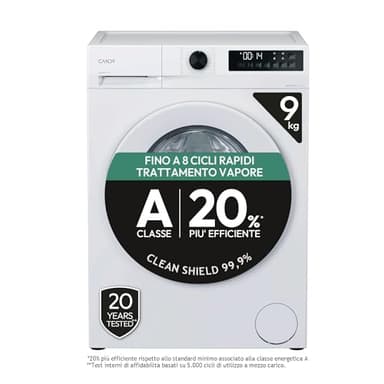 Candy ProWash 300 GD 498-S, Lavatrice Carica Frontale, 9KG Classe A, 1400 giri, 16 Programmi, 8 Cicli Rapidi, Trattamento Vapore, Motore Silent Inverter, Bianco [Classe di efficienza energetica A]