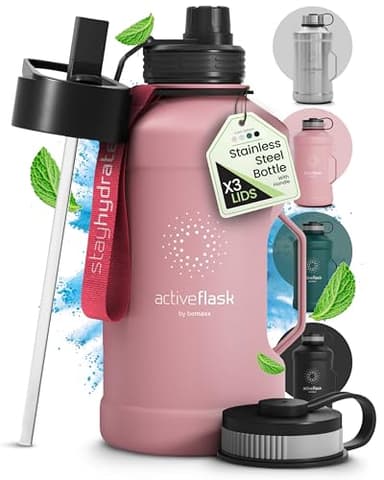 BeMaxx Borraccia in acciaio inox Active Flask + cannuccia (3 tappi) | 1,3/2,2 litri bottiglia sportiva senza BPA a prova di perdite per bibite gassate, 2l XL bottiglie Sport Outdoor Palestra Acqua