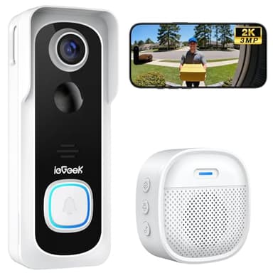ieGeek Videocitofono Wifi 2K con IP66 Impermeabile, Videocitofono Senza Fili con Visione Notturna, Batteria Ricaricabile, Rilevamento Intelligente, per Casa o Azienda, Alexa Compatibile (Bianco)