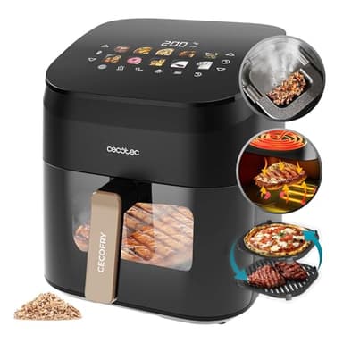 Cecotec Friggitrice ad Aria 6.5 Litri - Air Fryer Cecofry&Grill Smokin' 6500. 2200W, Piastra - Grill, Doppia Resistenza, Affumicatore Integrato, Temperatura Regolabile 40-200°C, 10 Menu