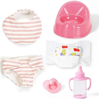 eDollable Set di Accessori Realistici per Bambole da 30 cm Include Vasino Bavaglino, Ciuccio, Pannolino e Biberon Perfetto per Bambini, Bambine e Ragazze
