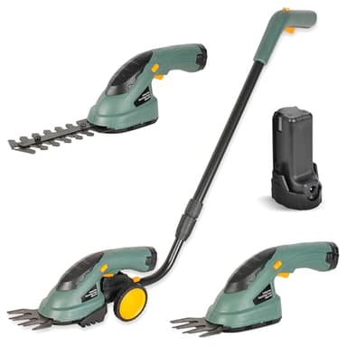 FISHTEC Tagliabordi Tagliaerba a batteria + Tagliasiepi Elettrico senza fili - Cesoie per Prato con 2 tipi di Lama : Tosaerba + Scultura siepi - Batteria al litio 3,6 V - Manico Telescopico 92 cm