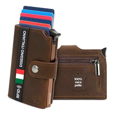 BEWMER v2 Portafoglio Uomo Slim in Vera Pelle Con Protezione RFID Anticlonazione – Porta Carte Di Credito Uomo E Donna Per 9 Tessere, Con Portamonete – Porta Tessere, Marrone Premium