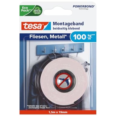 tesa Powerbond nastro di montaggio per piastrelle e metallo Extra forte, con una forza di tenuta fino a 100 kg per metro - nastro di montaggio biadesivo per superfici lisce - 1,5 m x 19 mm