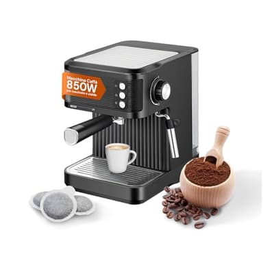 Avilia - Macchina Caffè 850W per Espresso Intenso con Filtro in Acciaio Inossidabile, Serbatoio da 2L e Compatibilità con Caffè Macinato e Cialde, Uso Facile e Design Compatto Nera