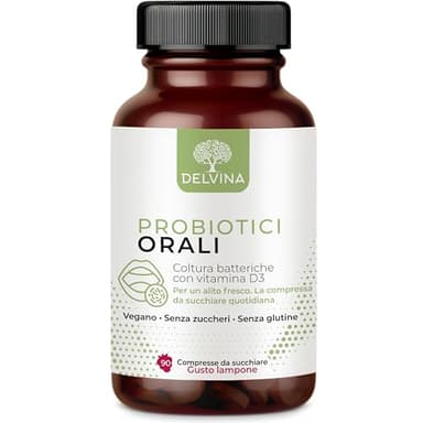 DELVINA Combatti l'Alitosi - 90 Pastiglie vegane per l'Igiene Orale senza Collutorio - Colture Batteriche con Vitamina D3, Gusto Lampone (90 Pastiglie - Scorta di 3 Mesi)