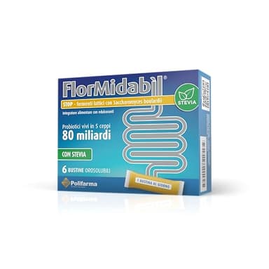 Flormidabil Stop Stick Orosolubili - 70 Miliardi di Fermenti Lattici Vivi e 10 Miliardi di S. Boulardii, 6 Bustine Orosolubili con Stevia