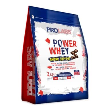 PROLABS – Proteine in Polvere POWER WHEY AMINO SUPPORT Concentrate Ricche di Aminoacidi Essenziali e BCAA - Whey Protein + Creatina, Glutammina e Vitamina B6, Crescita, Forza e Recupero 2kg Cioccolato