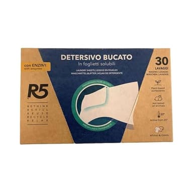 R5, Detersivo Bucato in Foglietti Solubili, 30 Lavaggi, Detersivo in Fogli con Enzimi per Lavatrice o Lavaggi a Mano, per Capi Bianchi e Colorati, Profumo Fiori di Lino, Eco-Formato