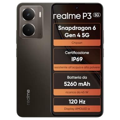realme P3 Smartphone 5G 8+256GB, display AMOLED Esports a 120Hz, Snapdragon® 6 Gen 4, fotocamera AI da 50MP, batteria da 5260mAh, sistema di raffreddamento AeroSpace, IP69,Grigio(senza adattatore)