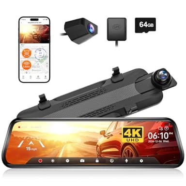 WOLFBOX G930 10" 4K Telecamera per Specchio Retrovisore Auto con 5.8GHz WiFi, Doppia Specchietto Dash Cam e 1080P WDR Retro Camera, GPS Dashcam con Monitor di Parcheggio, Scheda 64GB