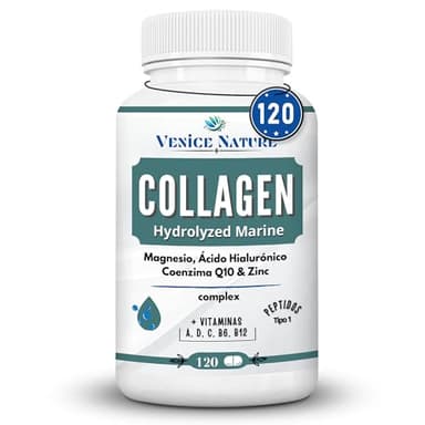 Collagene Marino Idrolizzato con Acido Ialuronico Coenzima Q10 + Vitamina C + Zinco, Vitamina B6 e B12 - Completo - Venice Nature