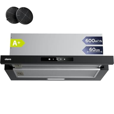 CIARRA CBCB6909A Cappa Aspirante Telescopica Integrata 60 cm 600m³/h, Classe A+ 3 Livelli di Potenza, Ricircolo con Filtro Carbone CBCF055, Nero