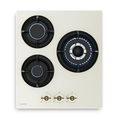 Klarstein Victoria Piano Cottura Gas 3 Fuochi, 6050W, Vetro, Accensione Elettrica, GPL & Metano, Sicurezza Spegnimento, 45cm, Stile Retrò, Fornello a Gas, Kit Incluso, Crema