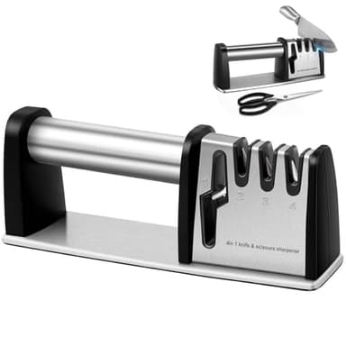 Affilacoltelli Professionale 4 in 1 - Affilatore Ergonomico per Coltelli e Forbici - Affilatura Facile e Veloce per Coltelli da Cucina e Professional (Acciaio Inox)